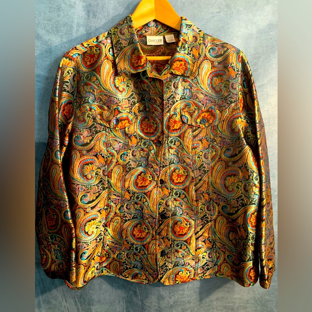 CHICOS Blouse-Shirt Silk Large Gold